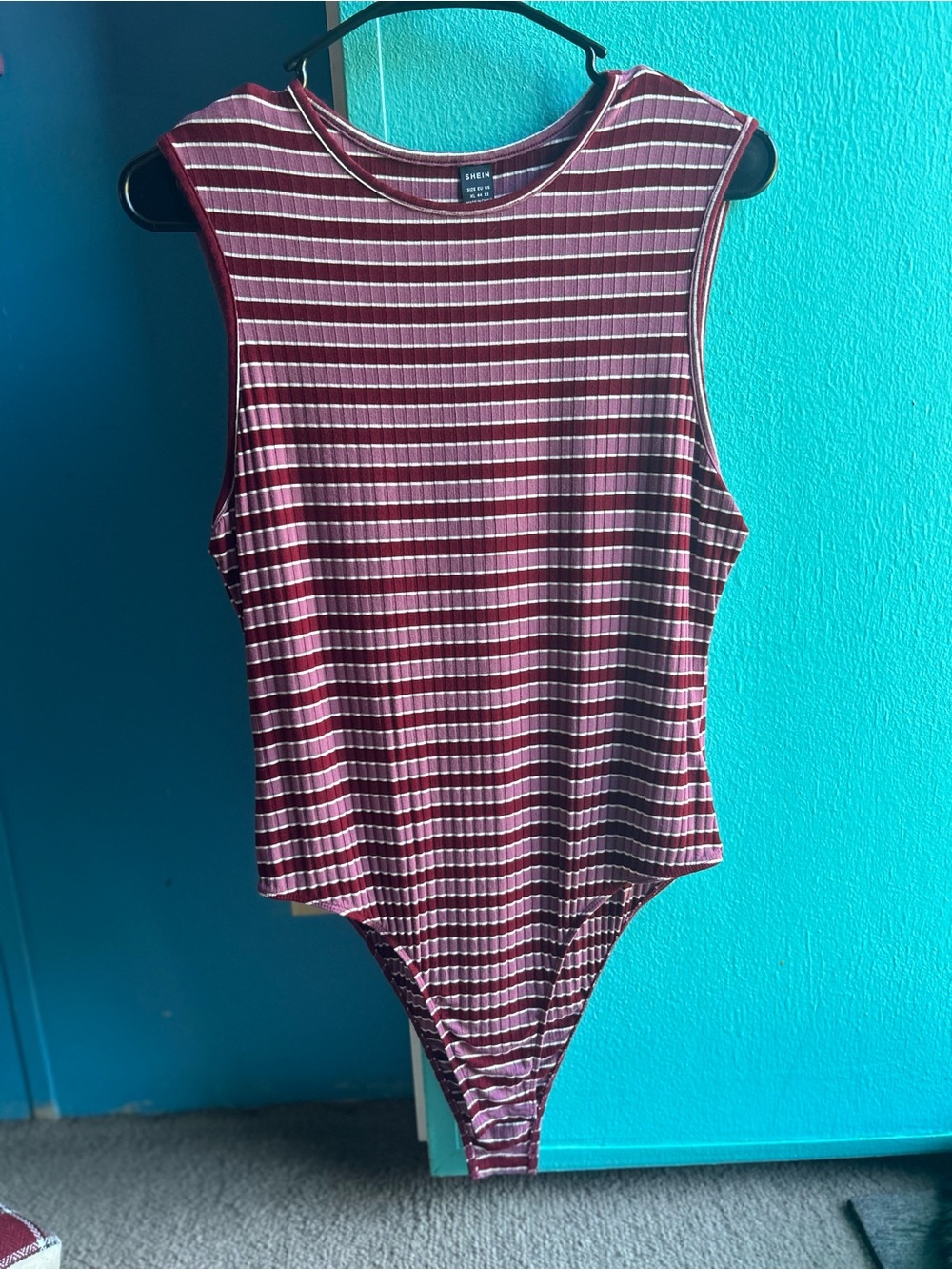 SHEIN Women’s Burgundy/Pink/White Striped Ribbed Bodysuit